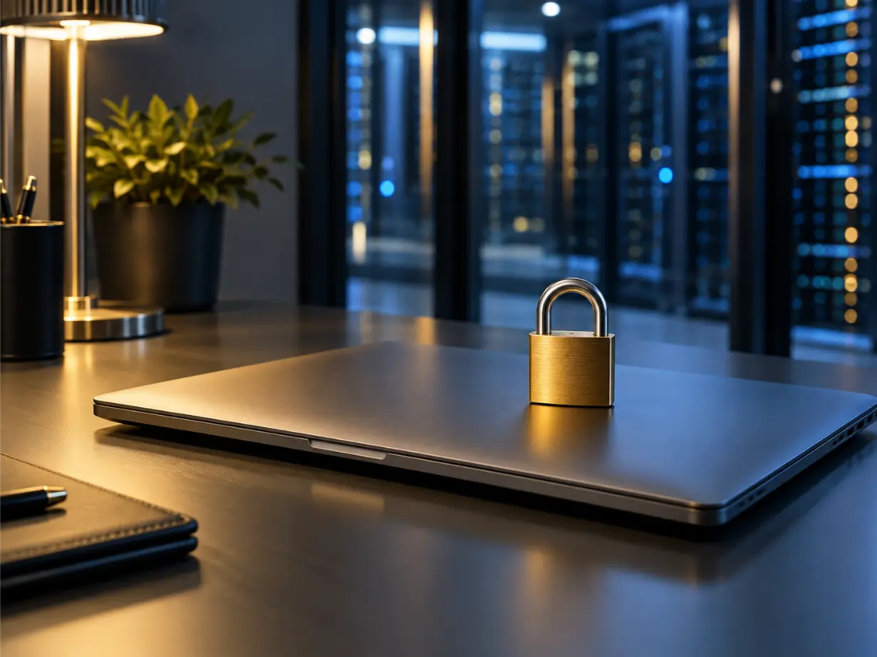Cybersecurity Law Seven Hills - Mizak and Pacettti Closed laptop on a clean desk with a small brass padlock resting on the lid, a blurred server rack in the background, cool blue and gold light.