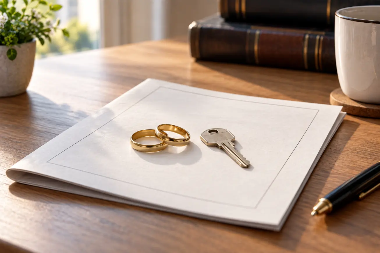 Divorce and Custody Lawyer Seven Hills - Mizak and Pacetti Two plain wedding rings and a single house key resting on a folded blank legal document on a light wood table, quiet respectful morning light.