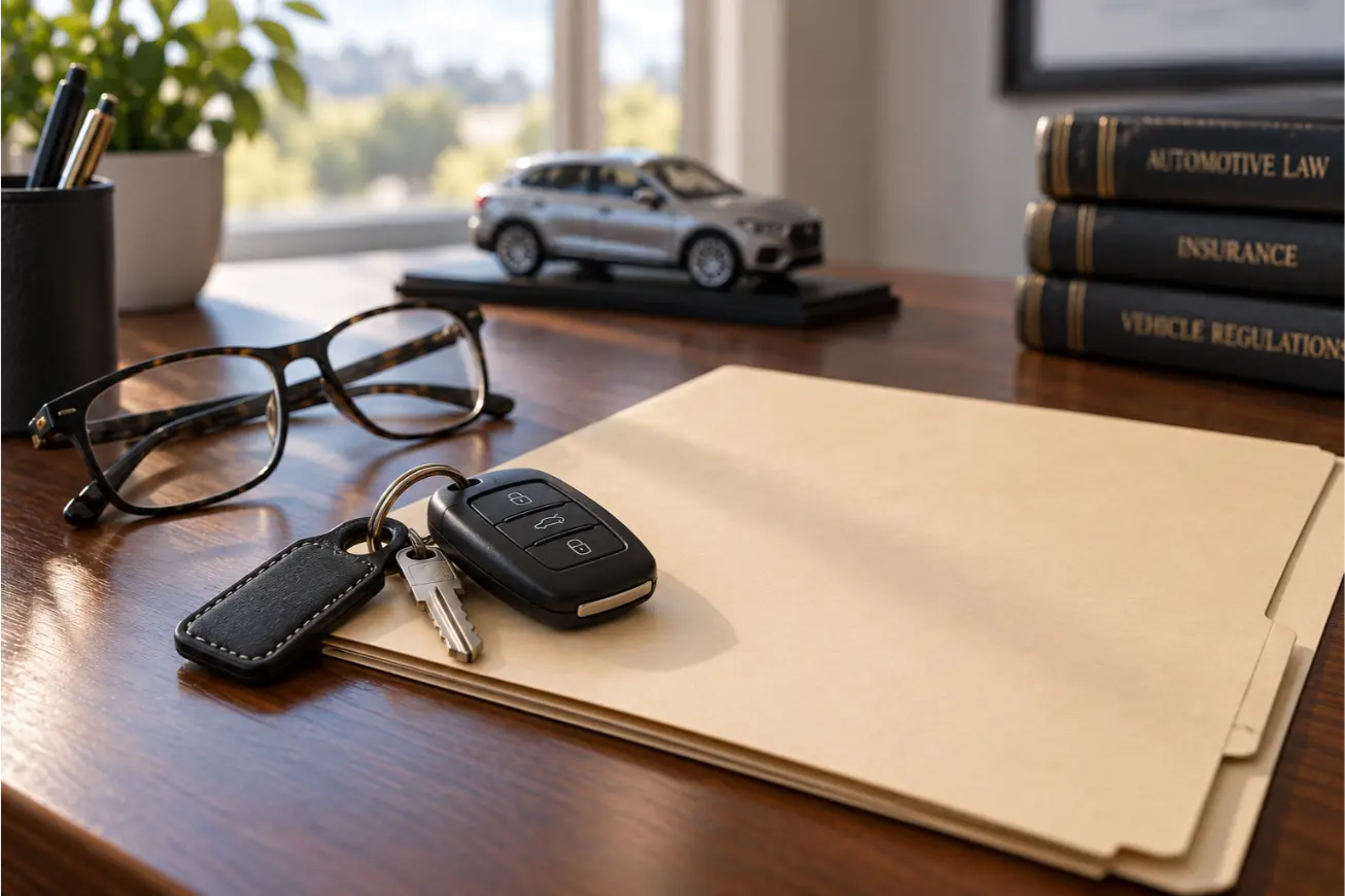 Personal Injury Attorney Seven Hills - Mizak and Pacetti Car keys, reading glasses, and a plain manila folder on a desk beside a blurred toy model car, soft daylight, muted tones.