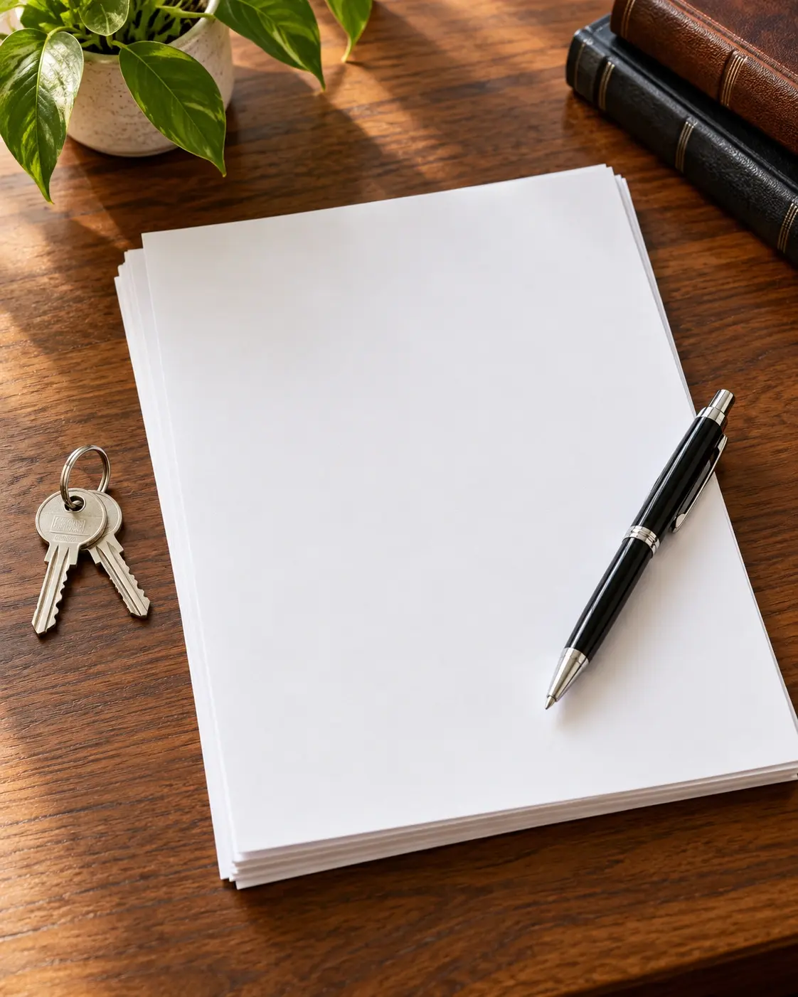 Blank contract pages, a pen, and keys on a desk, representing business law for Broadview Heights small businesses