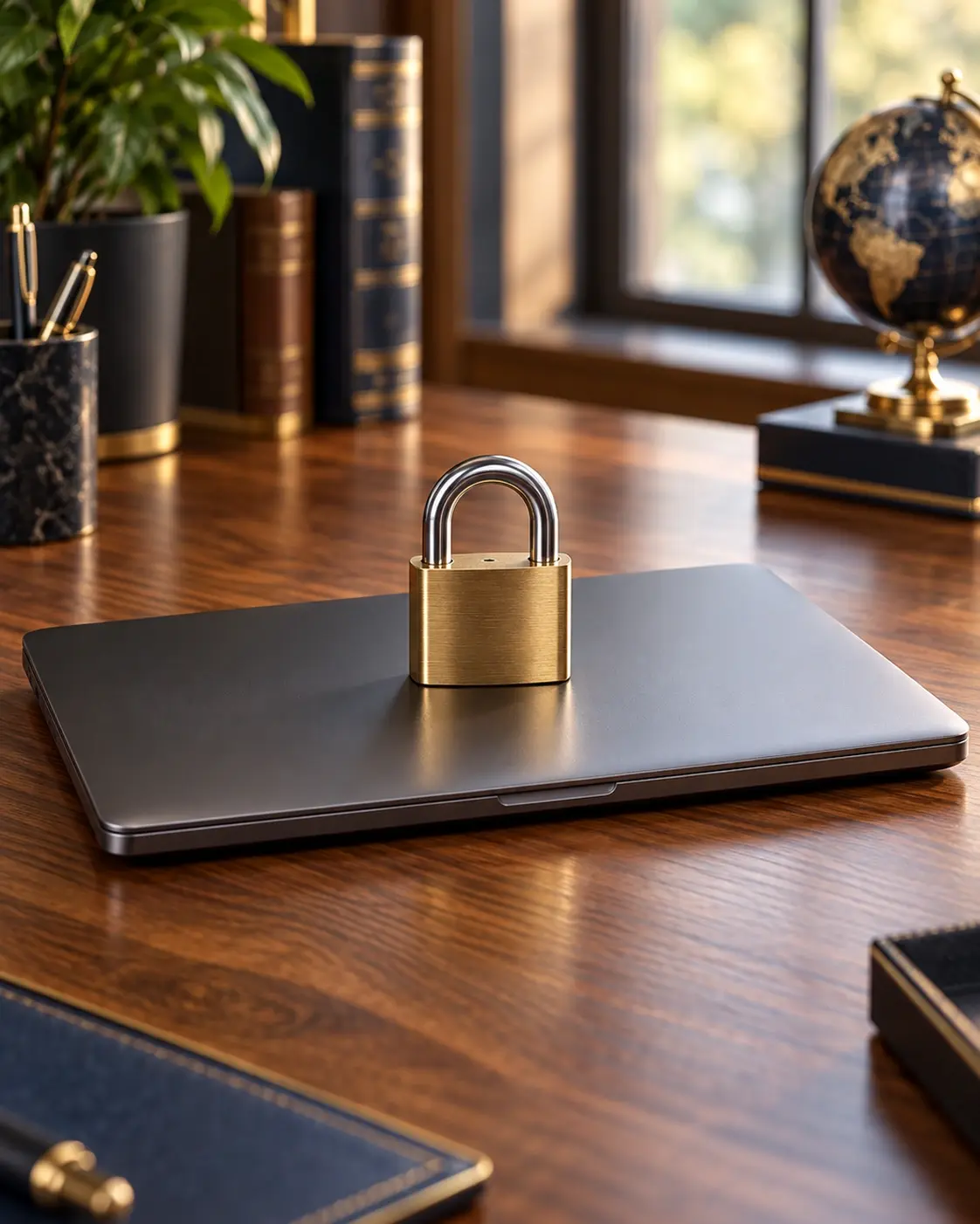 Closed laptop with a brass padlock, representing cybersecurity law for Broadview Heights businesses